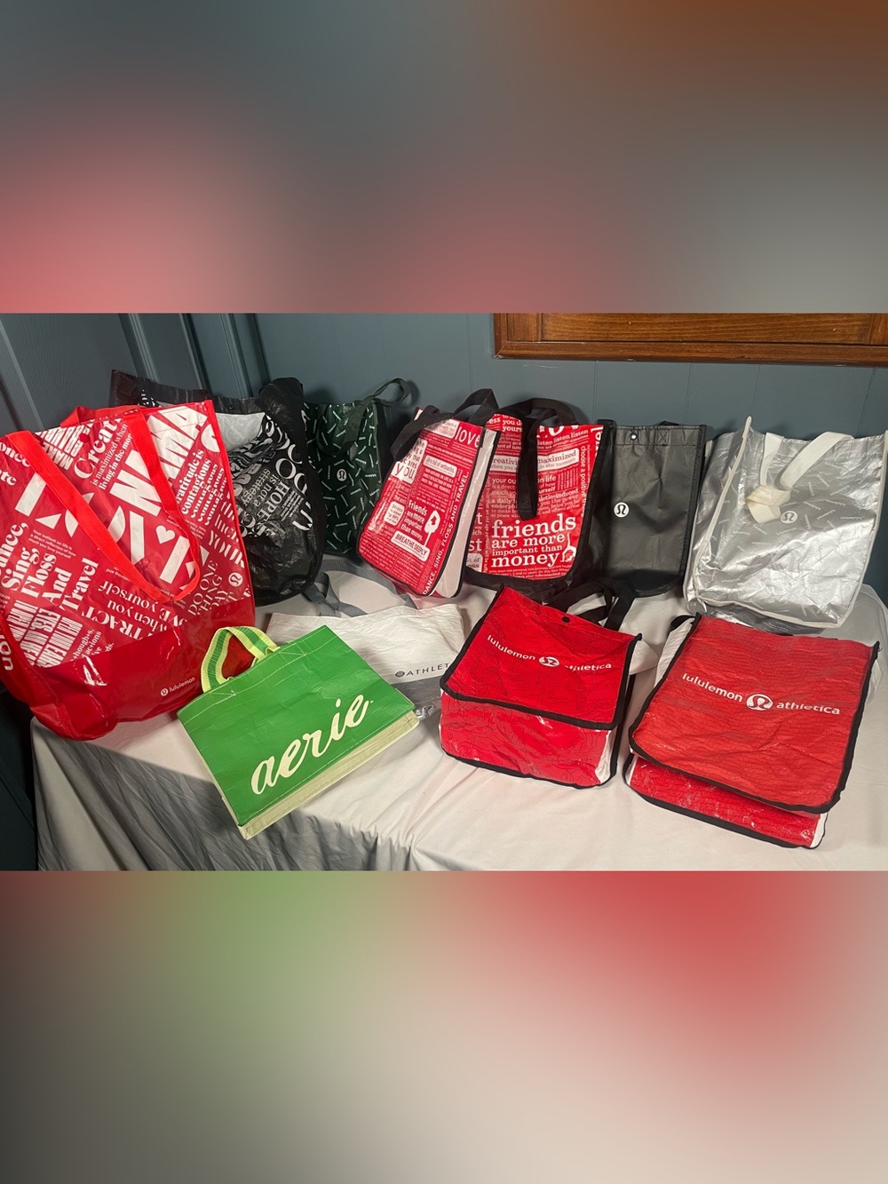 Lot of 11 Reusable Bags 7 Lululemon, 1 Athleta, 2 Lulu/Athleta, 1 Aerie